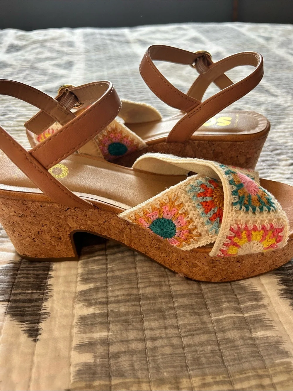 SO Tan Wedge Sandals with Multicolor Crochet Accents